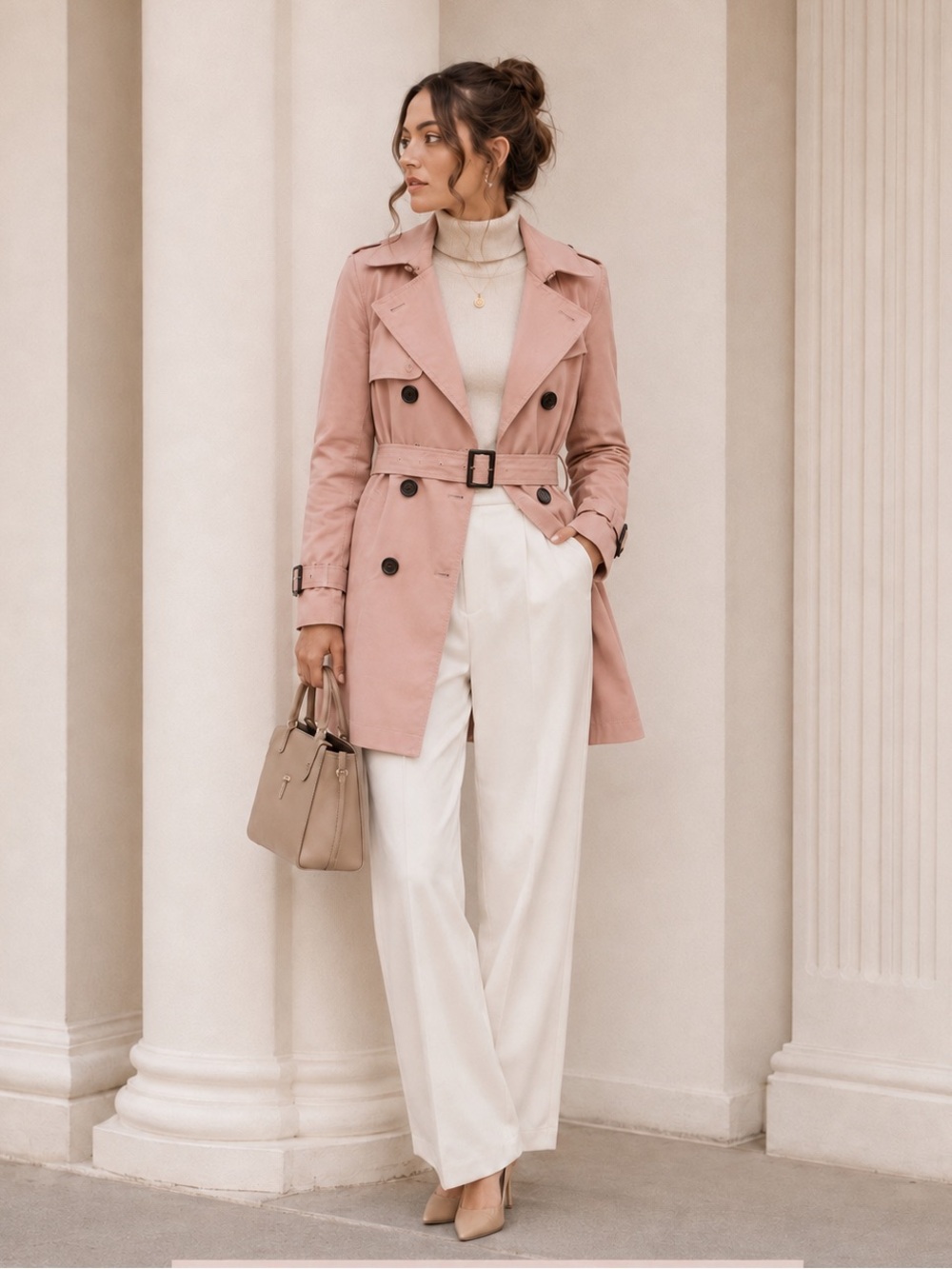 Etam Paris Premium Collection Blush Pink Double Breasted Belted Trench Coat